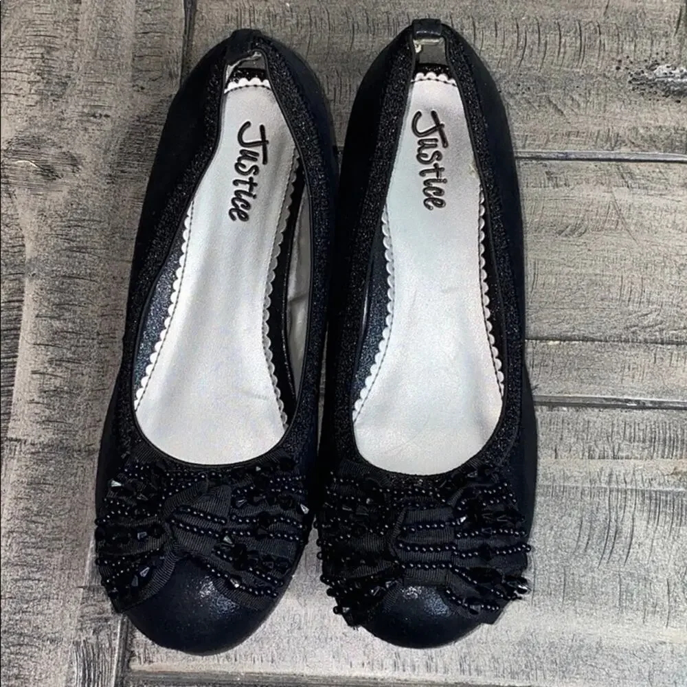 Justice Black Floral Beaded Bow Wedges 4